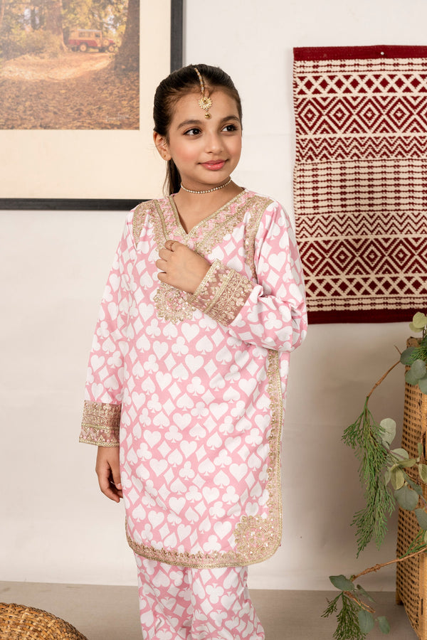 Al Qaswa - Girls Pink Printed Embroidered  Outfit – 3-Piece Shirt, Shalwar, and Dupatta Suit Set