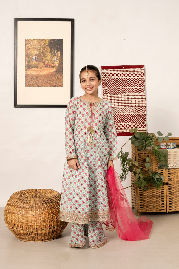 Al Qaswa - Girls Ice Blue Printed Embroidered Outfit – 3-Piece Frock , Pants , and Dupatta Suit Set