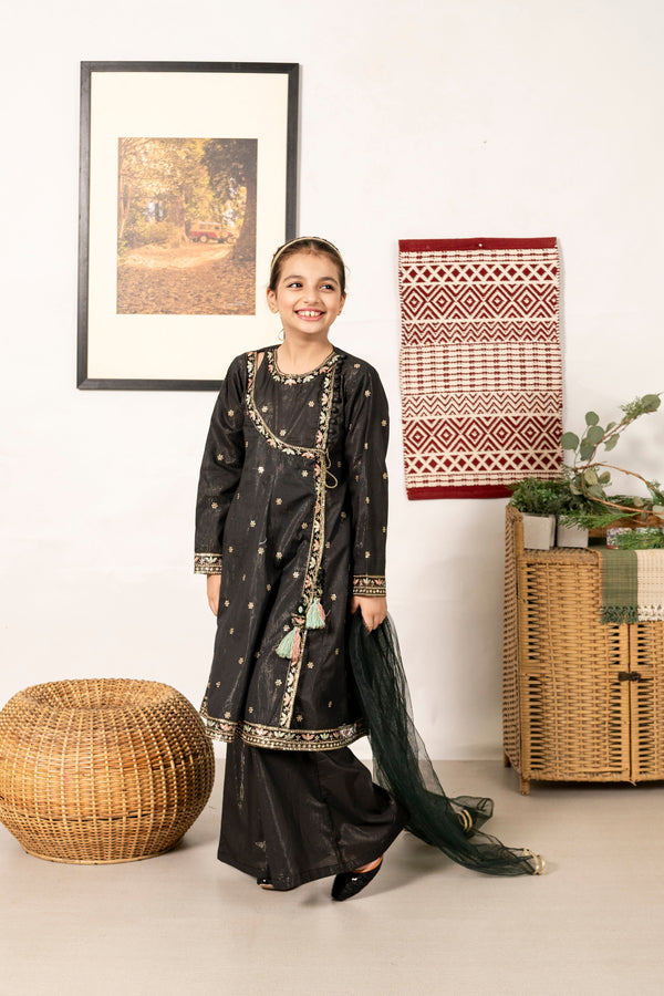 Al Qaswa - Girls Black Embroidered Outfit – 3-Piece Shirt, Pants , and Dupatta Suit Set