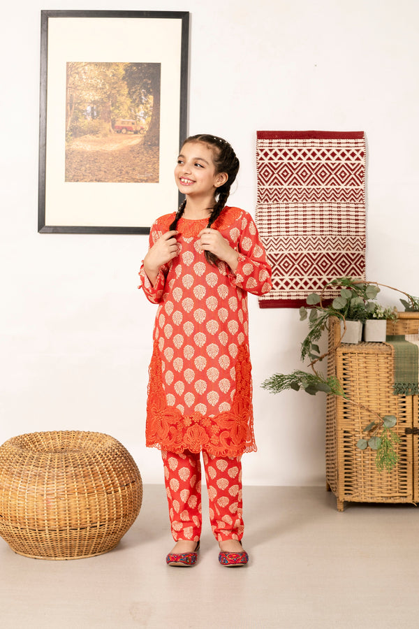 Al Qaswa - Girls Orange Printed Embroidered Outfit – 3-Piece Shirt, Trouser, and Dupatta Suit Set