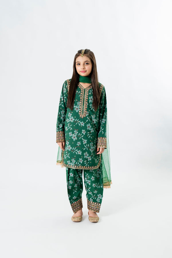 Al Qaswa - Girls Green Printed Embroidered Eid Outfit – 3-Piece Shirt, Shalwar , and Dupatta Suit Set