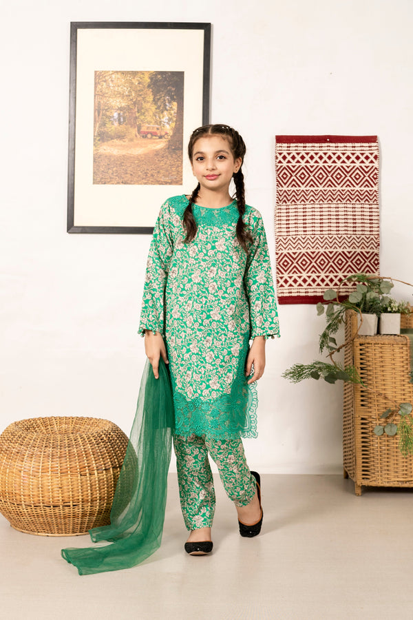 Al Qaswa - Girls Green Printed Embroidered Outfit – 3-Piece Shirt, Trouser, and Dupatta Suit Set