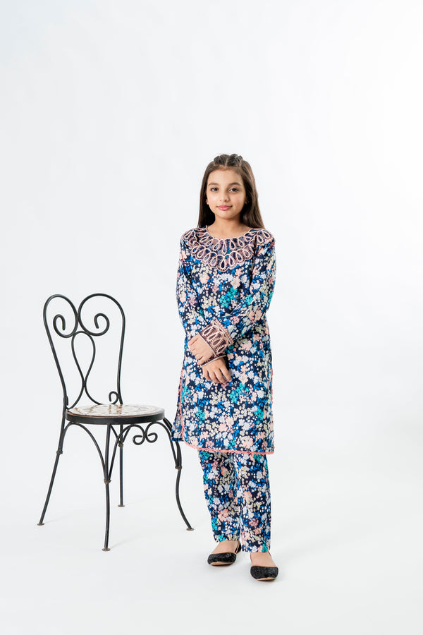 Al Qaswa - Girls Blue Printed Embroidered Eid Outfit – 2-Piece Shirt & Trouser Coord Suit Set