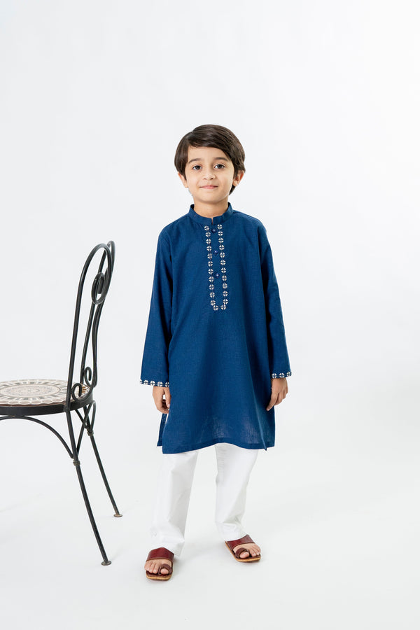 Al Qaswa - Boys Blue Embroidered Kurta – Ban Collar Outfit for Eid 2025