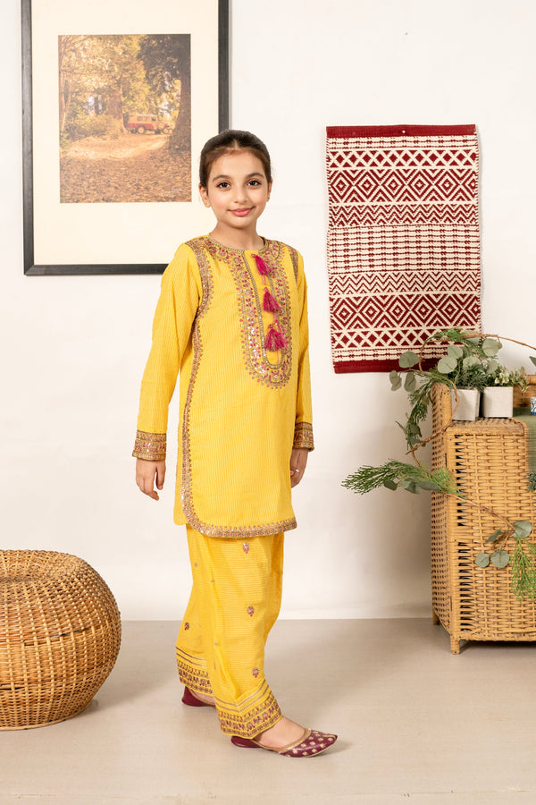 Al Qaswa - Girls Yellow Embroidered Outfit – 3-Piece Shirt , Shalwar , and Dupatta Suit Set