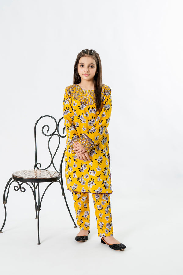 Al Qaswa - Girls Yellow Printed Embroidered Eid Outfit – 2-Piece Shirt & Trouser Coord Suit Set