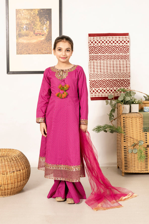 Al Qaswa - Girls Pink Printed Embroidered Outfit – 3-Piece Frock , Pants , and Dupatta Suit Set