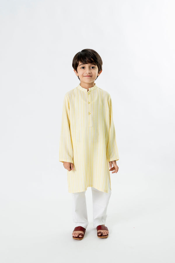 Al Qaswa - Boys Yellow Printed Kurta – Ban Collar Outfit for Eid 2025