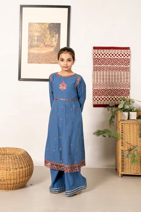 Al Qaswa - Girls Teal Blue Embroidered Outfit – 3-Piece Frock , Pants , and Dupatta Suit Set