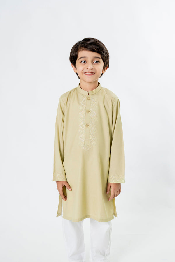 Al Qaswa - Boys Pistachio Green Embroidered Kurta – Ban Collar Outfit for Eid 2025