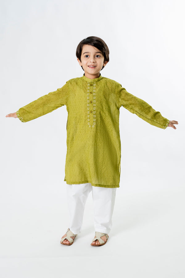 Al Qaswa - Boys Mustard Green Embroidered Kurta – Ban Collar Outfit for Eid 2025