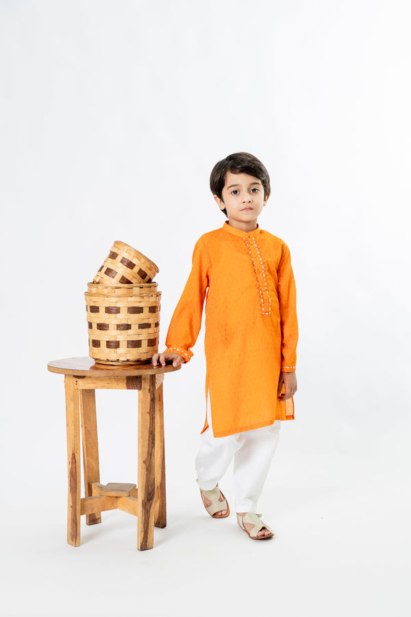Al Qaswa - Boys Orange Embroidered Kurta – Ban Collar Outfit for Eid 2025