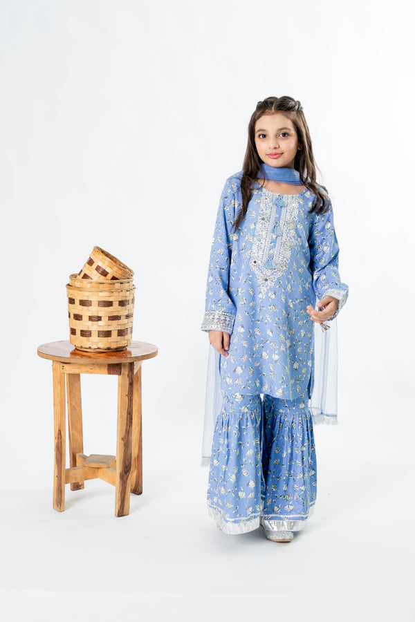 Al Qaswa - Girls Blue Printed Embroidered Eid Outfit – 3-Piece Shirt, Gharara , and Dupatta Suit Set