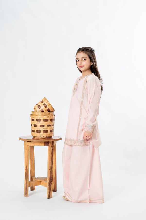 Al Qaswa - Girls Pink Embroidered Eid Outfit – 3-Piece Shirt, Pants, and Dupatta Suit Set