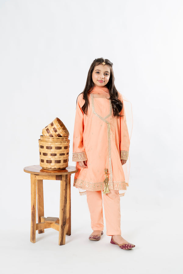 Al Qaswa - Girls Peach Eid Outfit – 3-Piece Kurti, Trouser, and Dupatta Suit Set
