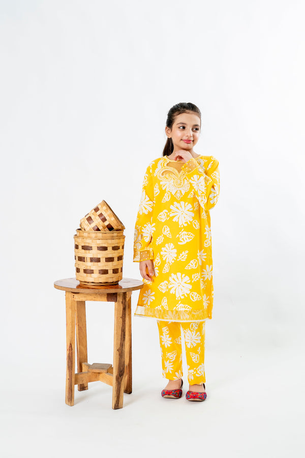 Al Qaswa - Girls Yellow Printed Embroidered Eid Outfit – 2-Piece Shirt & Trouser Coord Suit Set