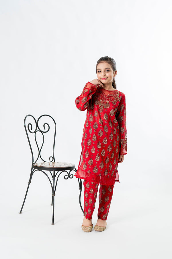 Al Qaswa - Girls Red Printed Embroidered Eid Outfit – 2-Piece Shirt & Trouser Coord Suit Set