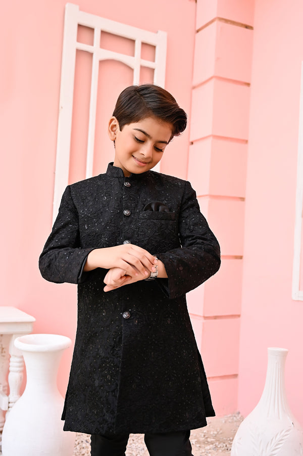 Hassanjee - Black Mysore Sequence Sherwani - S11