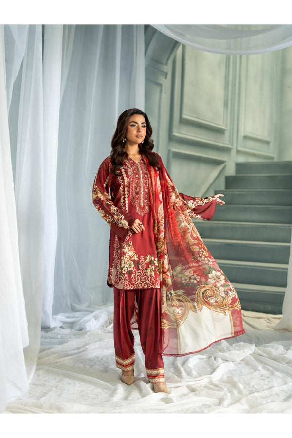 MEERAK - 3 Piece Rust Embroidered Pret Pakistani Dress