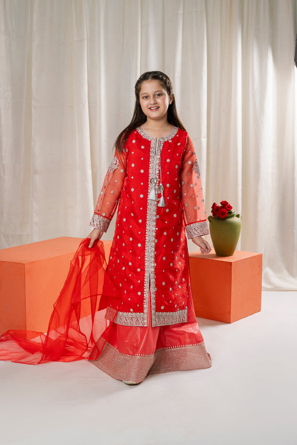 Al Qaswa - Girls Red Embroidered Eid V-1  Outfit – 3-Piece Shirt, Lehanga , and Dupatta Suit Set