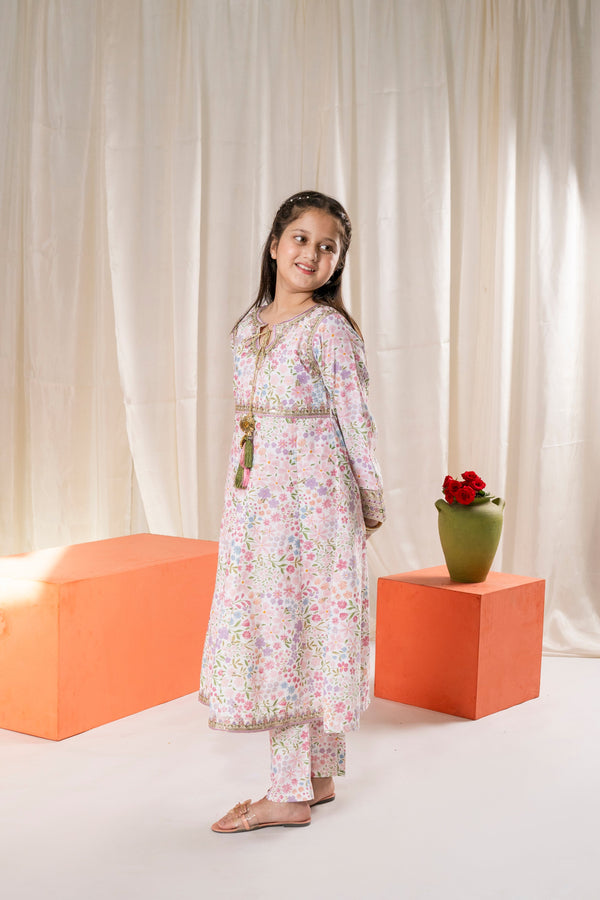 Al Qaswa - Girls White Floral Embroidered Eid V-1  Outfit – 3-Piece Shirt, Trouser , and Dupatta Suit Set