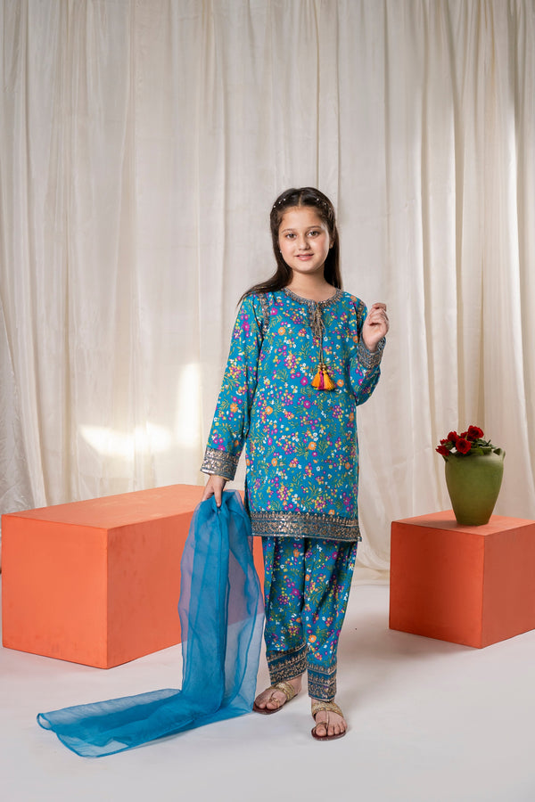 Al Qaswa - Girls Teal Blue Embroidered Eid V-1  Outfit – 3-Piece Shirt, Shalwar , and Dupatta Suit Set