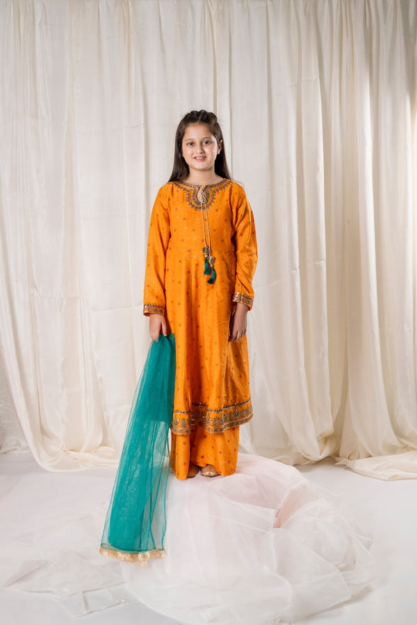 Al Qaswa - Girls Mustard Yellow Embroidered Eid V-1  Outfit – 3-Piece Shirt, Trouser , and Dupatta Suit Set