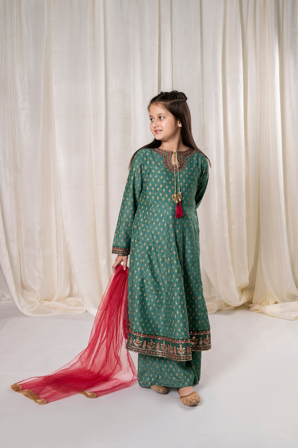 Al Qaswa - Girls Green Embroidered Eid V-1  Outfit – 3-Piece Shirt, Trouser , and Dupatta Suit Set