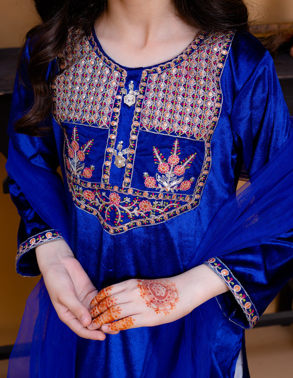 Al Qaswa - Girls Velvet Embroidered Dupatta Shirt with Gharara