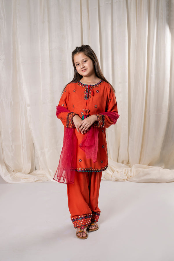 Al Qaswa - Girls Rust Orange Embroidered Eid V-1  Outfit – 3-Piece Shirt, Shalwar , and Dupatta Suit Set