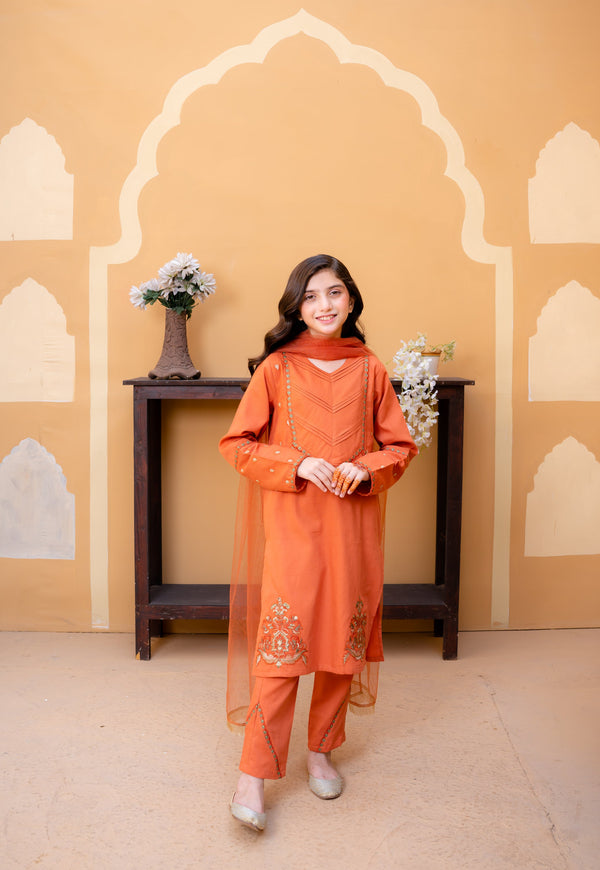 Al Qaswa - Girls Orange Embroidered Dupatta Shirt with Trousers