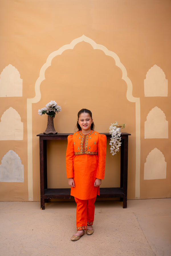 Al Qaswa - Girls Orange Embroidered koti Shirt with Trousers