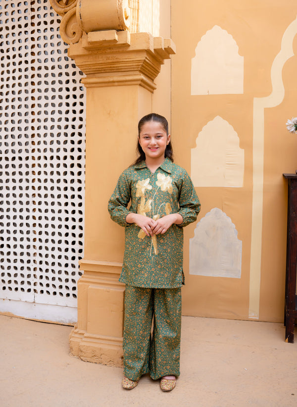 Al Qaswa - Girls Green Printed Embroidered Shirt with Trousers