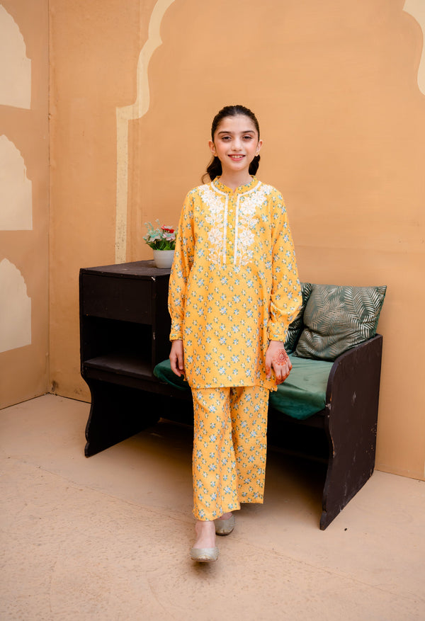 Al Qaswa - Girls Yellow Printed Embroidered Shirt with Trousers