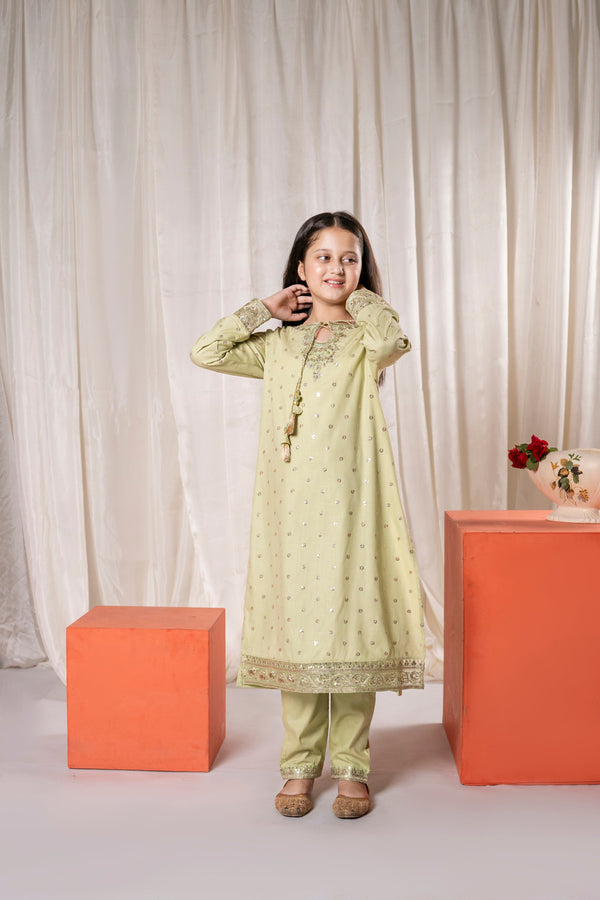Al Qaswa - Girls Pistachio Green Embroidered Eid V-1  Outfit – 3-Piece Shirt, Trouser, and Dupatta Suit Set