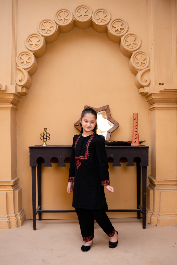 Al Qaswa - Girls Black Embroidered Kurta with Shalwar