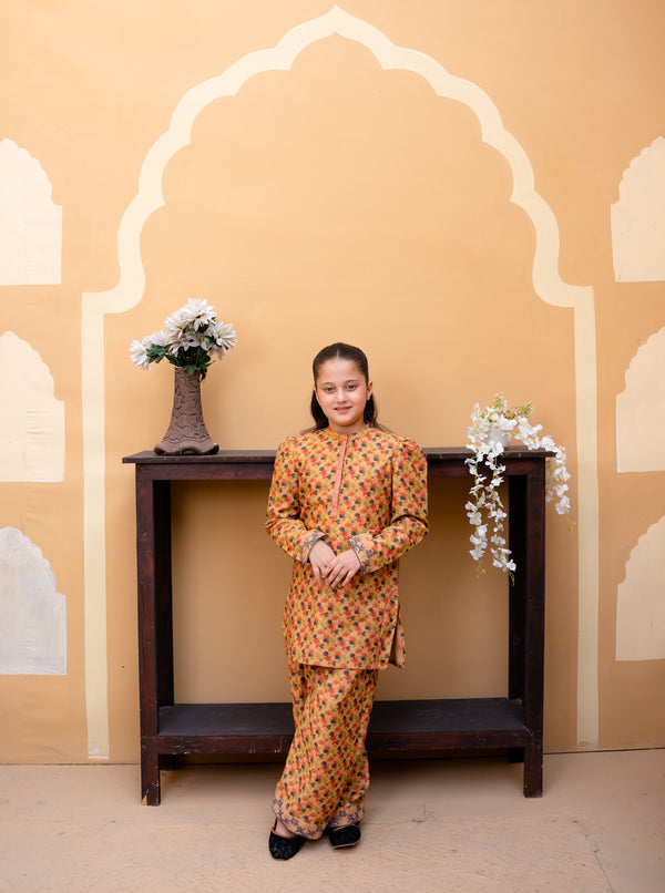 Al Qaswa - Girls Mustard Printed Embroidered Shirt with Trousers