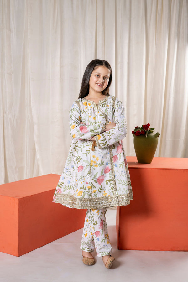 Al Qaswa - Girls White Embroidered Printed Floral Eid V-1 Outfit – 3-Piece Shirt, Trouser, and Dupatta Suit Set