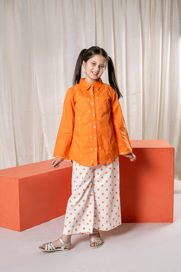 Al Qaswa - Girls Orange Embroidered Eid V-1 Outfit – 2-Piece Coord Suit Set