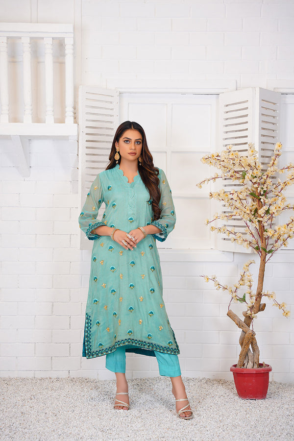 Anayra Amal -  Khwab Stitched Embroidered + Hand Worked Soft Turqouise Zari Net