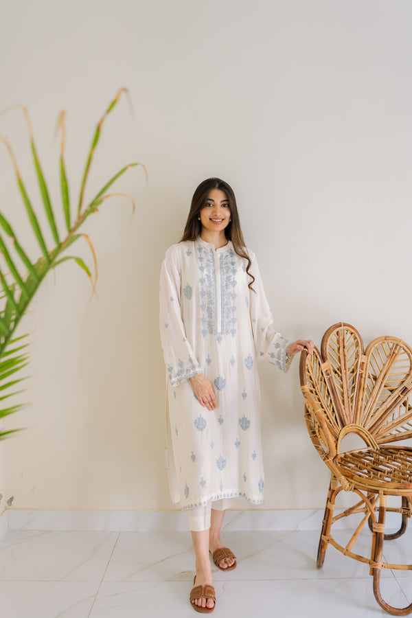 Zehra & Khadija - Gulshan 1 PC Summer Kataan kurta with blue hand embroidery