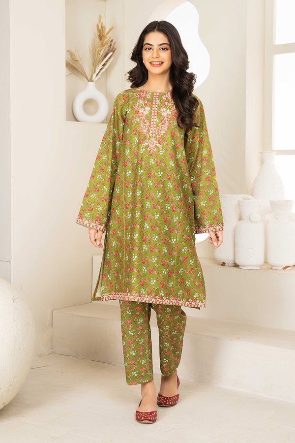 Daisy Outfit - Kiwi 2 PC Printed & Embroidered Mehndi Dobbi Cotton Daily Wear