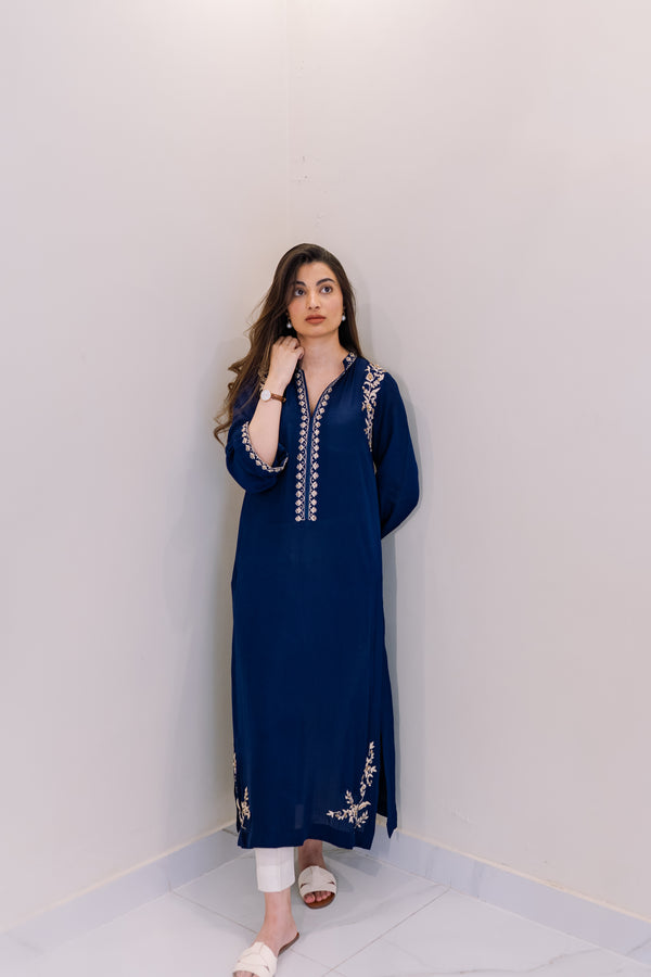 Zehra & Khadija - Blue fall 1 PC Navy Blue georgette kurta
