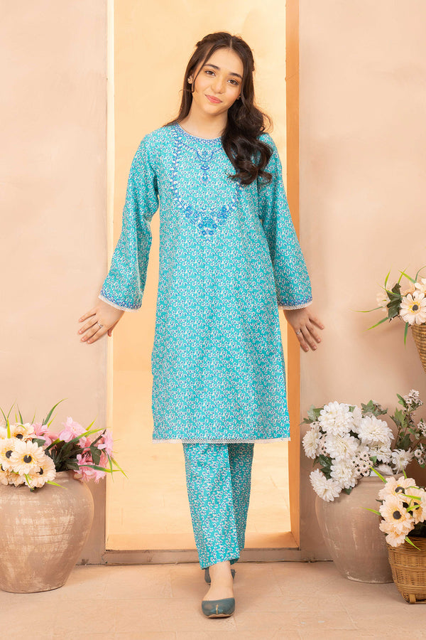Daisy Outfit - Melodi 2 PC Printed & Embroidered Ferozi Dobbi Cotton Daily Wear