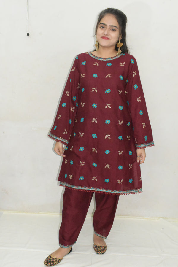 Daisy Outfit - Mary 2 PC Embroidered Mehroon Khaddar Daily Wear