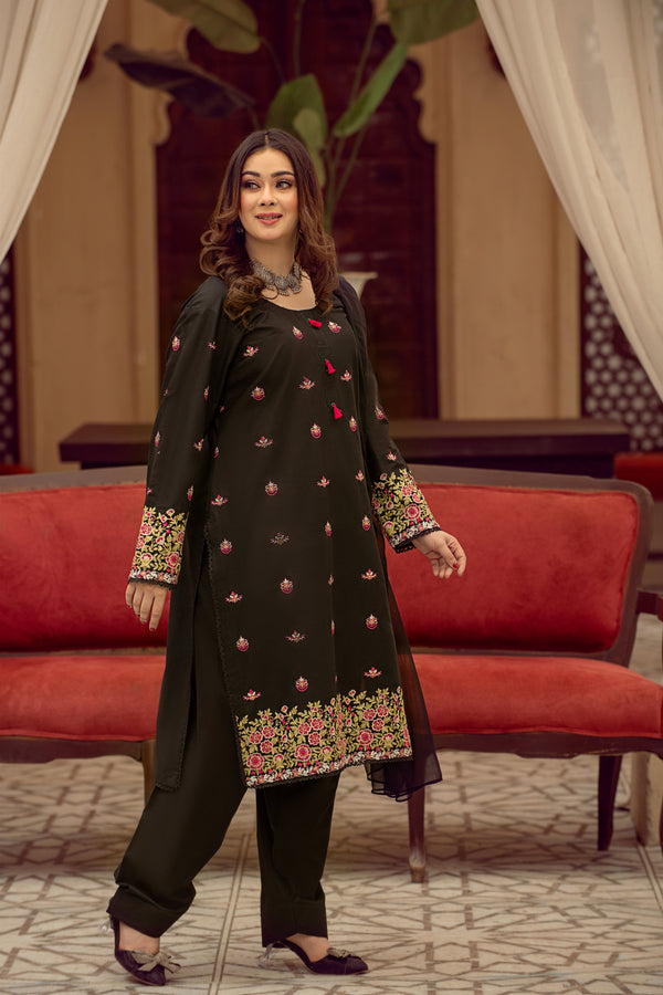 Desi Stitch - Black embroidered 3 piece  Eastern Wear For Girls
