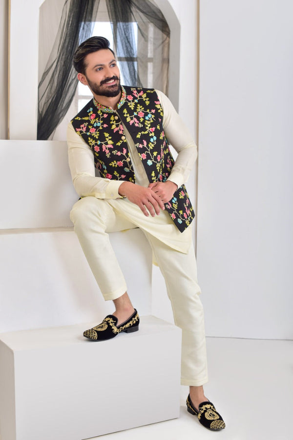 Edge Republic - ER WC 1019 Black Multi Colored Flower Embroided Waist Coat