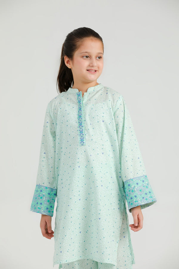 Al Qaswa - Girls Green Embroidered Eid V-1 Outfit – 3-Piece Shirt, Shalwar, and Dupatta Suit Set