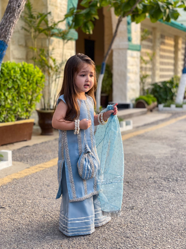 Canvas Kids - Festive Blue Silver Drape Festive Wear Dress For Girls