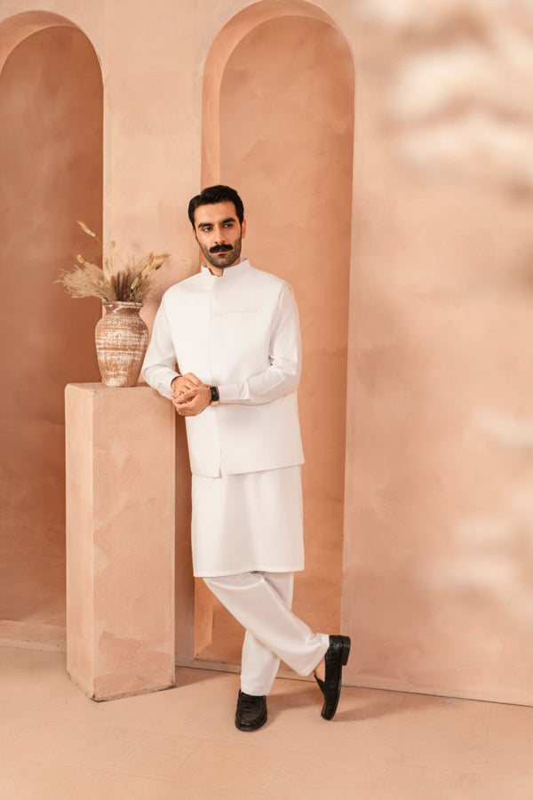SARKHAIL - STITCHED MEN'S PAKISTANI IVORY WHITE KAMEEZ TROUSER WITH BLENDED WAISTCOAT